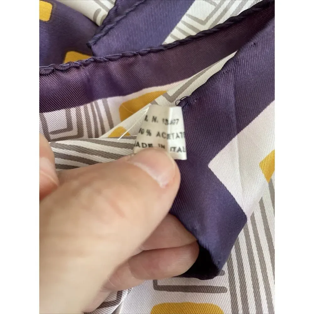 VTG. Sally Gee Scarf‎ MCM Italian Hand Rolled Purple Yellow Geometric Retro